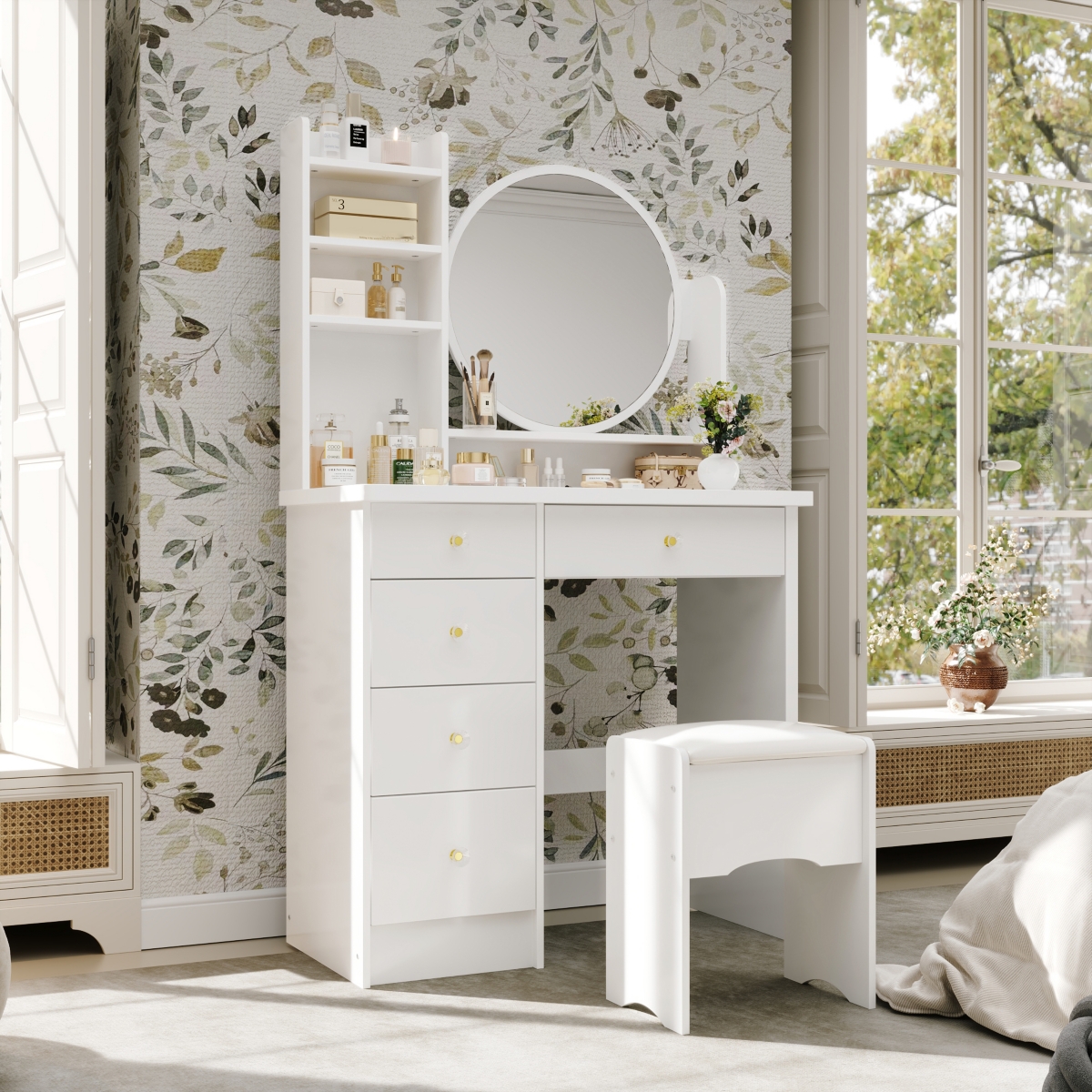 Famapy 5-Drawers Pink Makeup Vanity Dressing Table Set with Stool, Mirror and Storage Shelves Girls Dressing Table