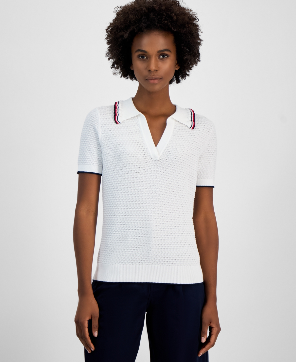Women's Cotton Global-Tipped Short-Sleeve Polo Sweater - Bright White Multi