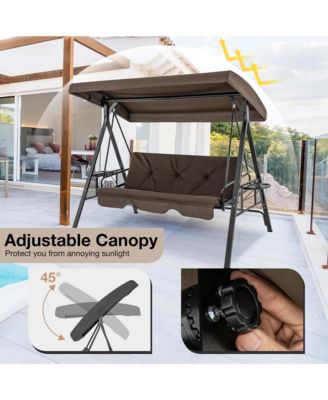 3-Seat Patio Porch Swing with Adjustable Canopy Soft Seat Back Cushions Side Tables