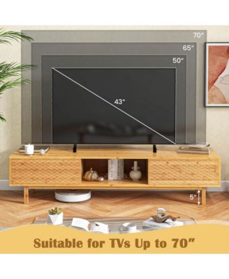 63" Bamboo TV Stand with 3 Storage Cubes Sliding Doors Mid Century Storage Cabinet