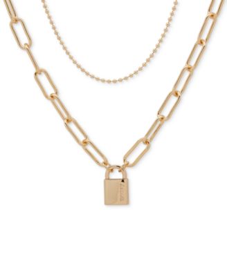 DKNY - Gold-Tone Beaded Chain & Padlock Paperclip Link Chain Layered Necklace, 16" + 3" extender