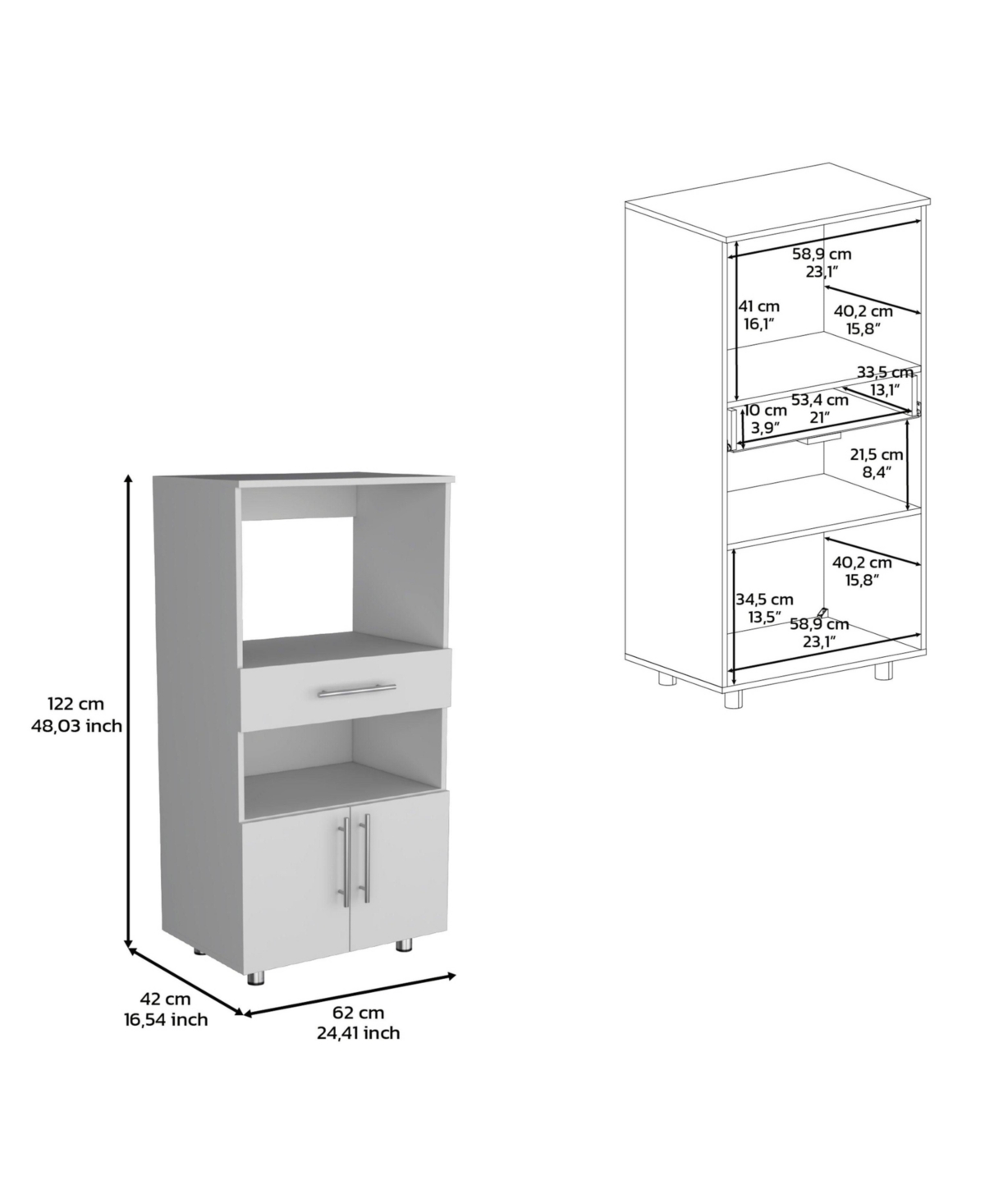 Depot E-Shop Wales Kitchen Pantry H, Two Open Storage Shelves, One for Microwave, Two Doors, Four Legs