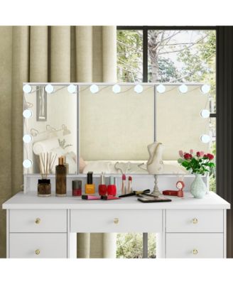  Modern Makeup Vanity Desk 9 Drawers Wood Dressing Table With 3 Mirrors, Hidden Storage Shelves, LED Bulb Lights
