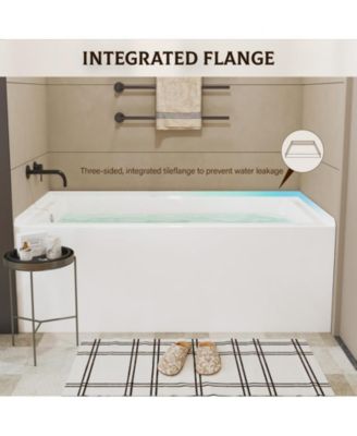 60 Inch Acrylic Rectangular Alcove Soaking Bathtub, Rectangle 60-Inch x 32-Inch Alcove Bath with Integral Apron, Integral Flange and Left Hand Drain, White,Chrome Pop-Up Drain