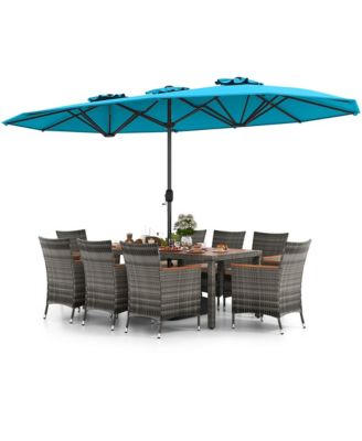 10 Pieces Patio Wicker Dining Set with Double-Sided Patio Umbrella 8 Armchairs