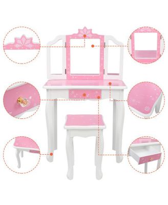 Children's Wooden Dressing Table with Three-Sided Folding Mirror, Chair, and Single Drawer in Blue Snowflake Style