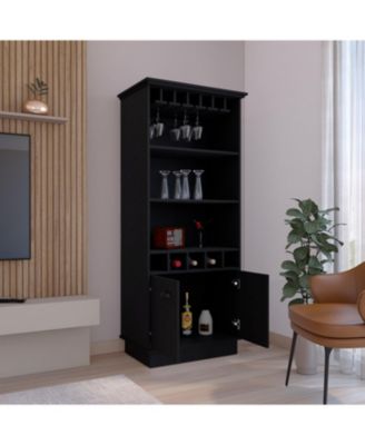Elon 70"H Bar Cabinet with Wine Rack, Upper Glass Cabinet, three Open Storage Shelves and One