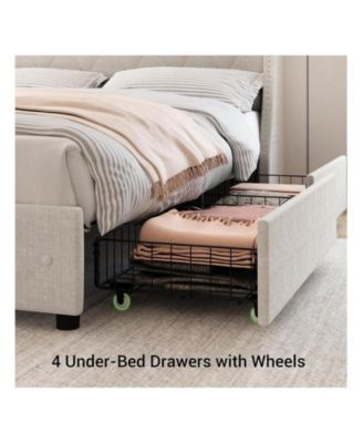 Upholstered Bed Frame with Headboard and 4 Storage Drawers - Platform Bed with Charging Station & Wingback Design, No Box Spring Needed, Noise-Free, Easy Assembly