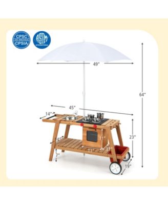 Wooden Play Cart for Toddlers Over 3 Years Old with Sun Proof Umbrella