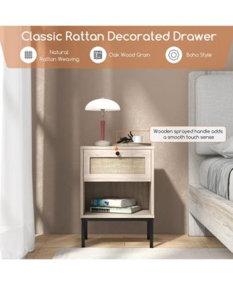 2PCS Rattan Nightstand Boho End Table w/ Drawer & Open Shelf for Living Room Oak
