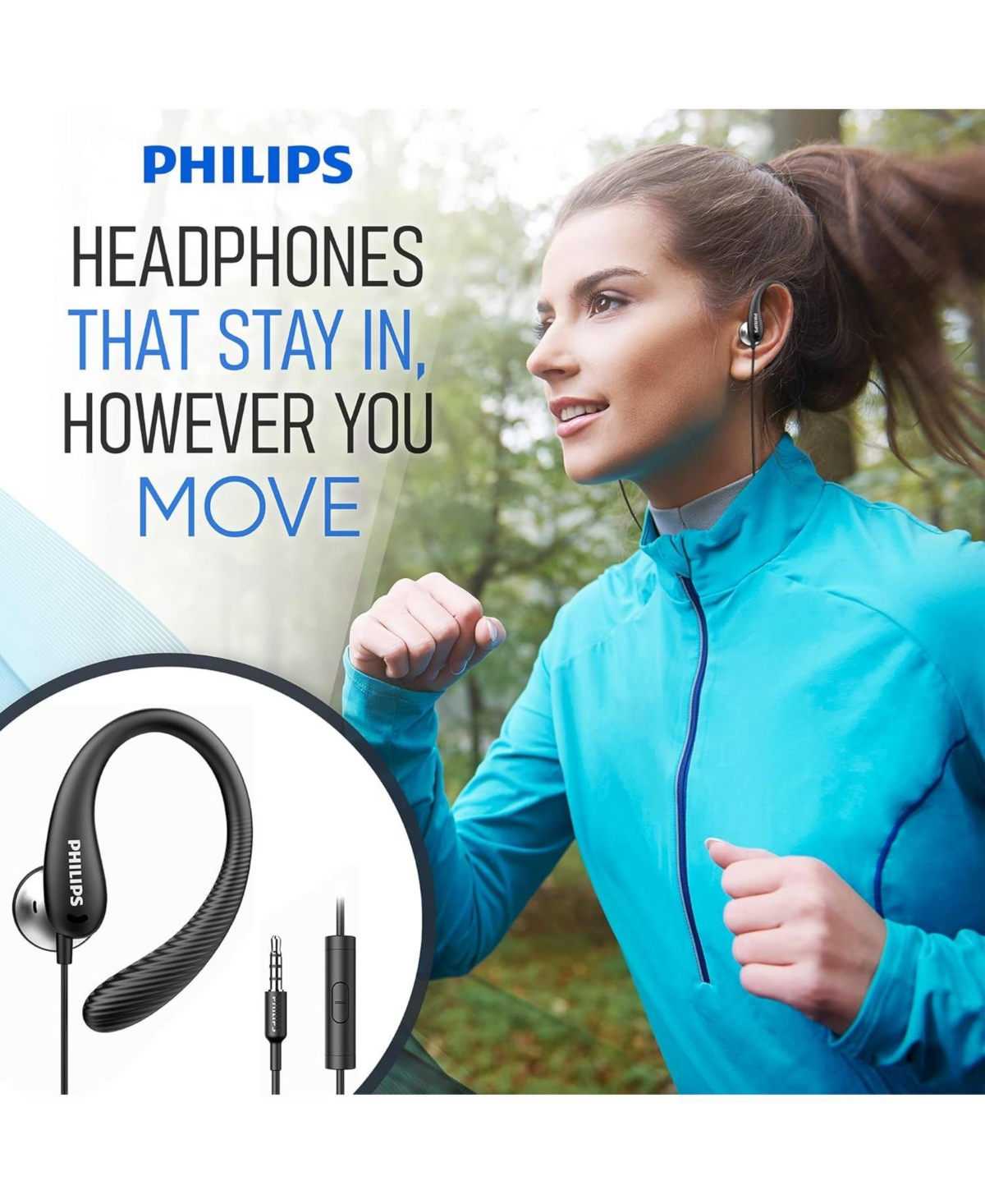 Philips Flexible Earhook Headphones - Secure Fit, Neodymium Drivers, Lightweight, Ergonomic Design, Durable Build, and 3.5mm Jack for Active Use - Bla