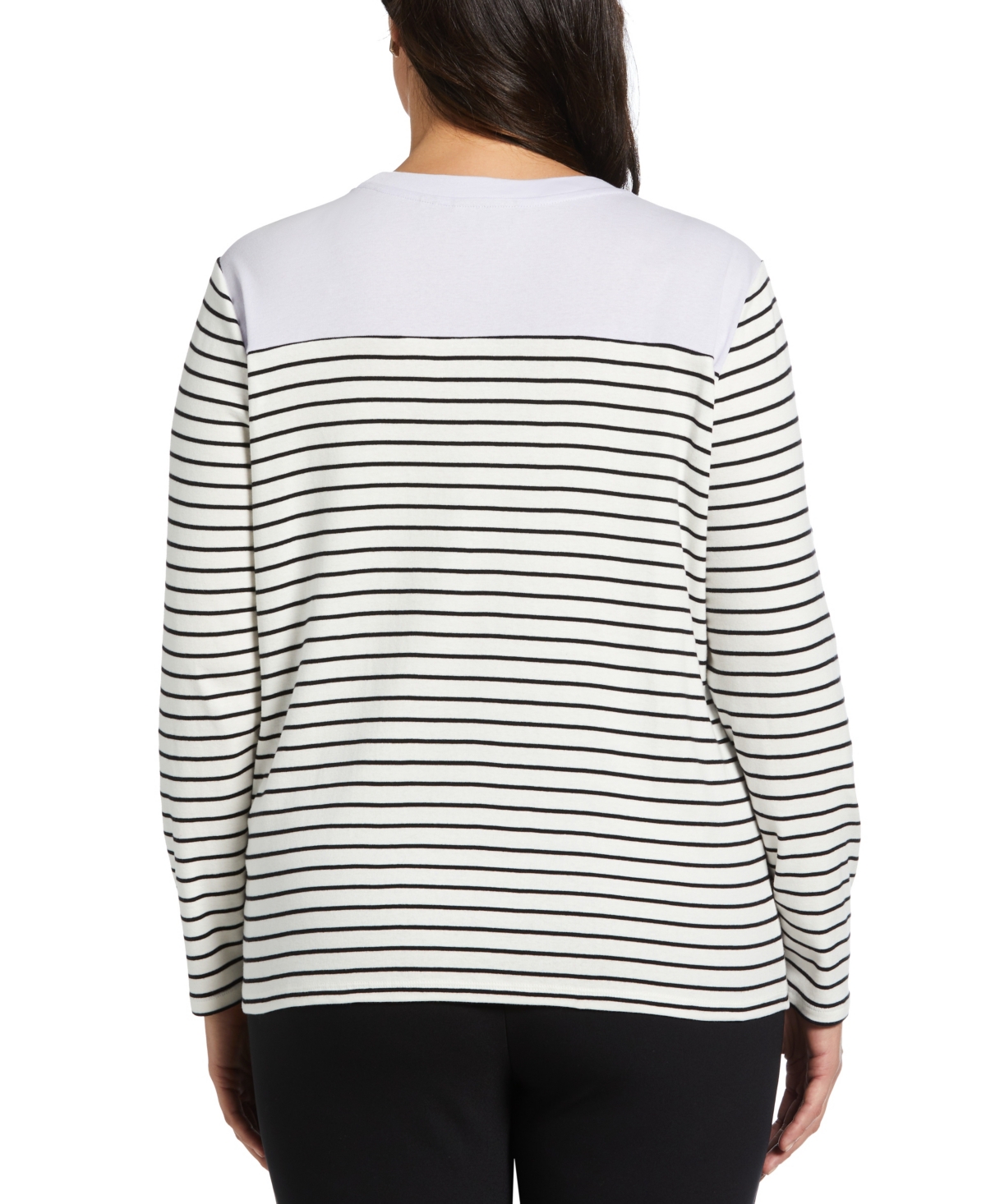 Rafaella Plus Size Color Block Stripe Button Detail Long Sleeve Top