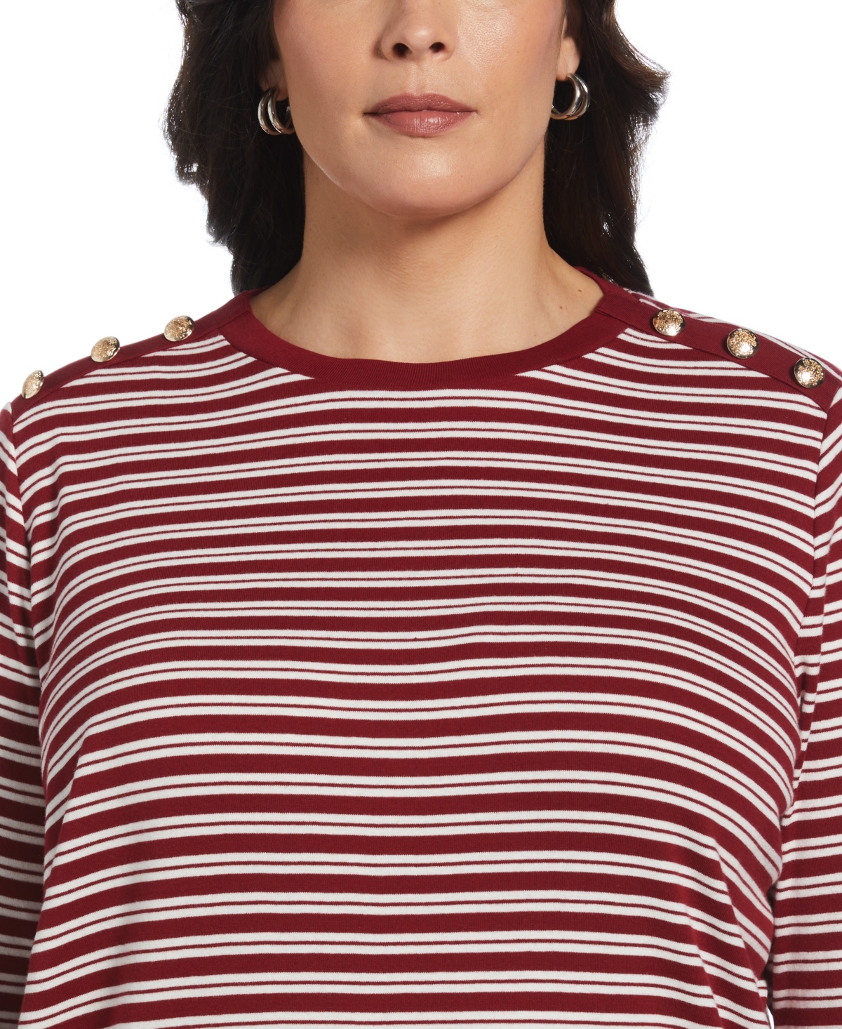 Rafaella Plus Size Candy Stripe Button Detail Long Sleeve Top