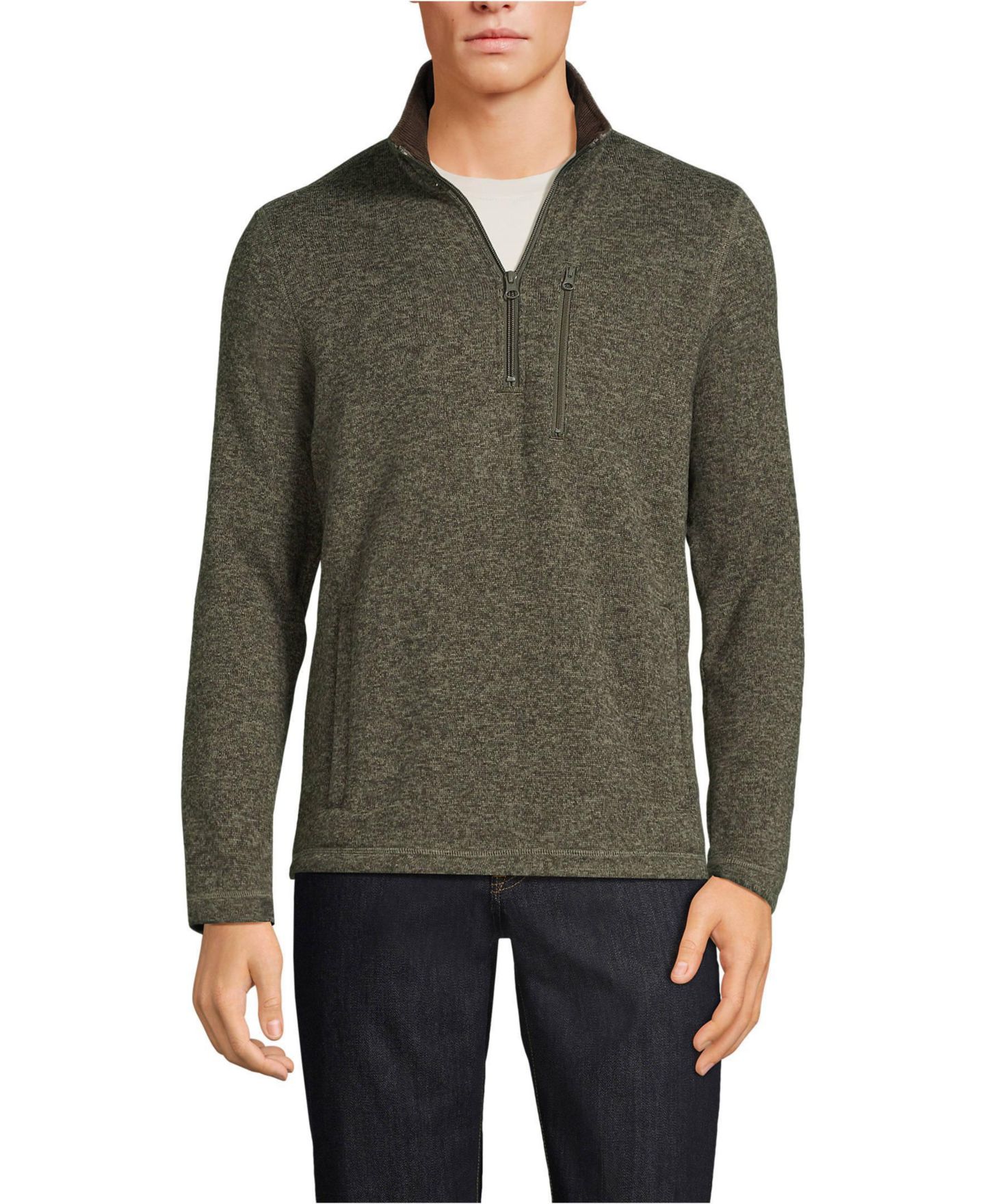 Мужской свитер Lands' End Sweater Fleece Quarter Zip Pullover, цвет: Оливковый меланжевый — фото 1