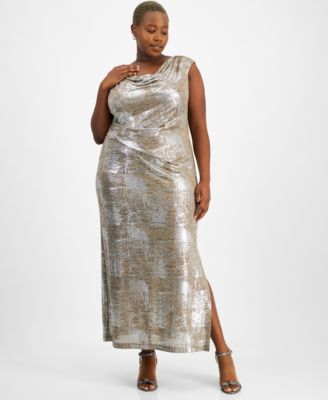 Connected Plus Size Metallic-Finish Draped Evening Gown