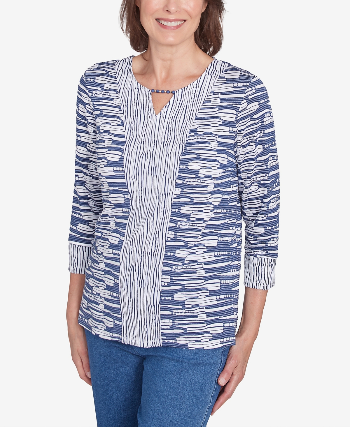 ALFRED DUNNER WOMEN'S LAKE VICTORIA SPLIT NECK SPLICED TEXTURE TOP 
