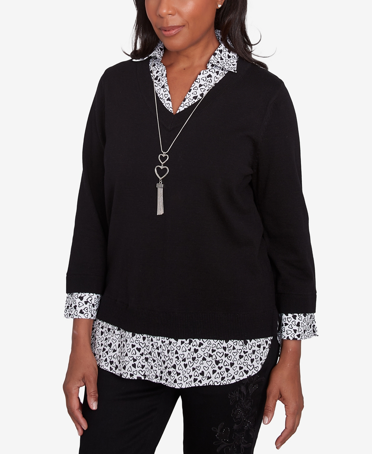 Alfred Dunner Plus Size Wild At Heart Woven Trim Two In One Sweater In Black