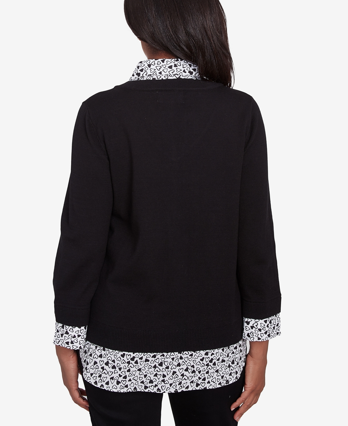Alfred Dunner Plus Size Wild At Heart Woven Trim Two In One Sweater In Black