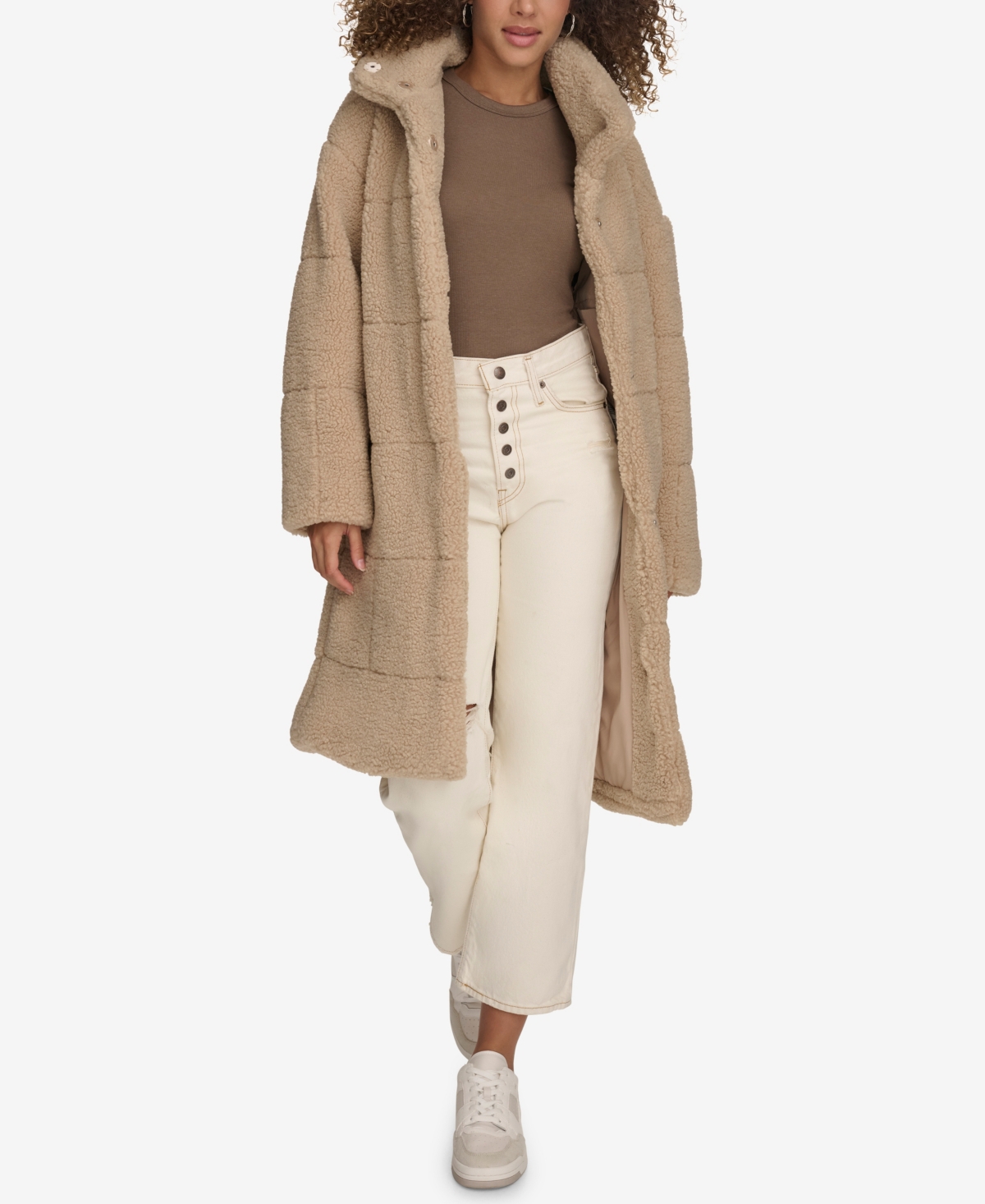 Levi's Women's Long Sherpa Snap-closure Teddy Coat In Sand