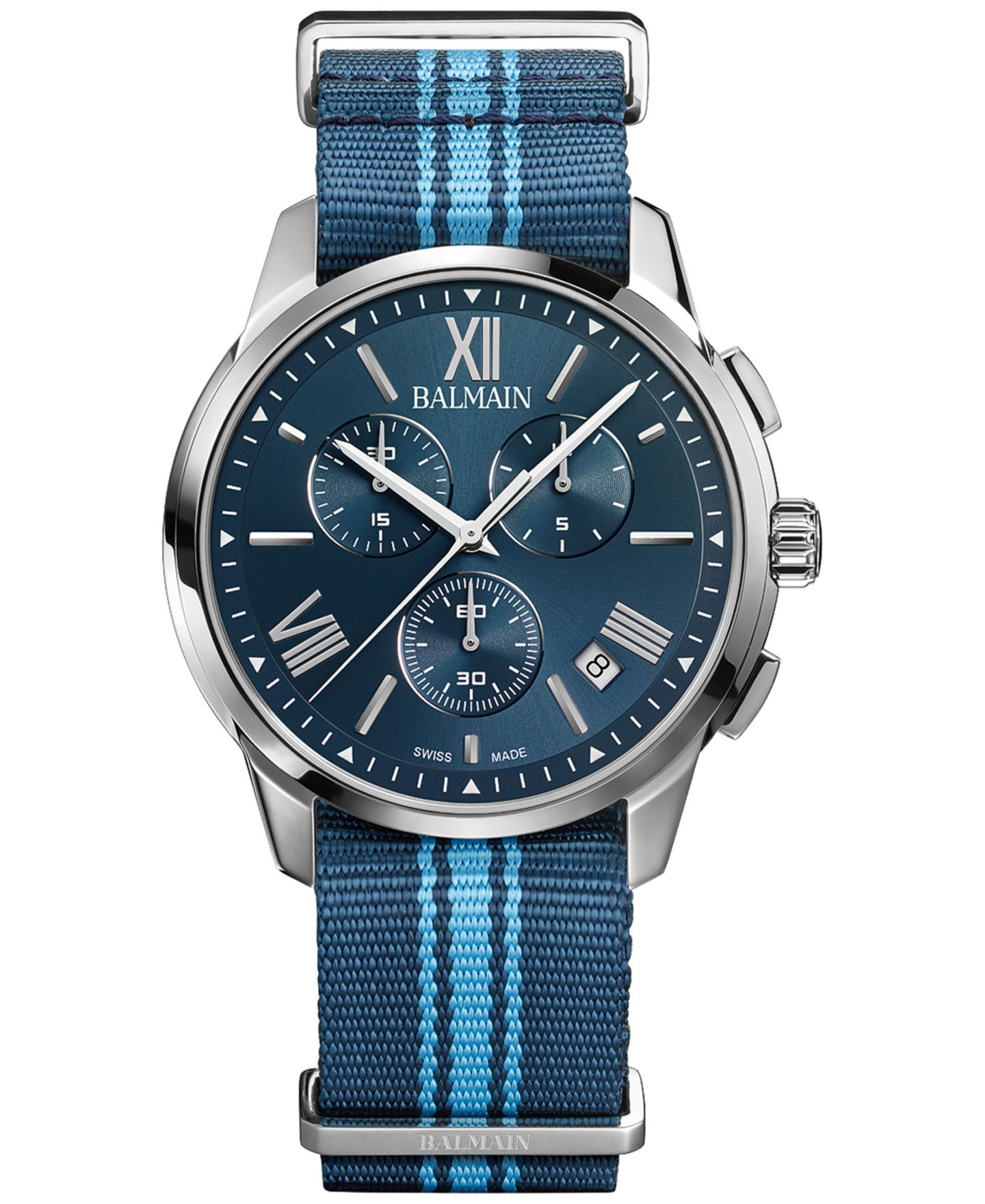 Мужские часы Balmain Swiss Chronograph Madrigal Dark Blue Striped Nato Strap Watch 42mm — фото 1