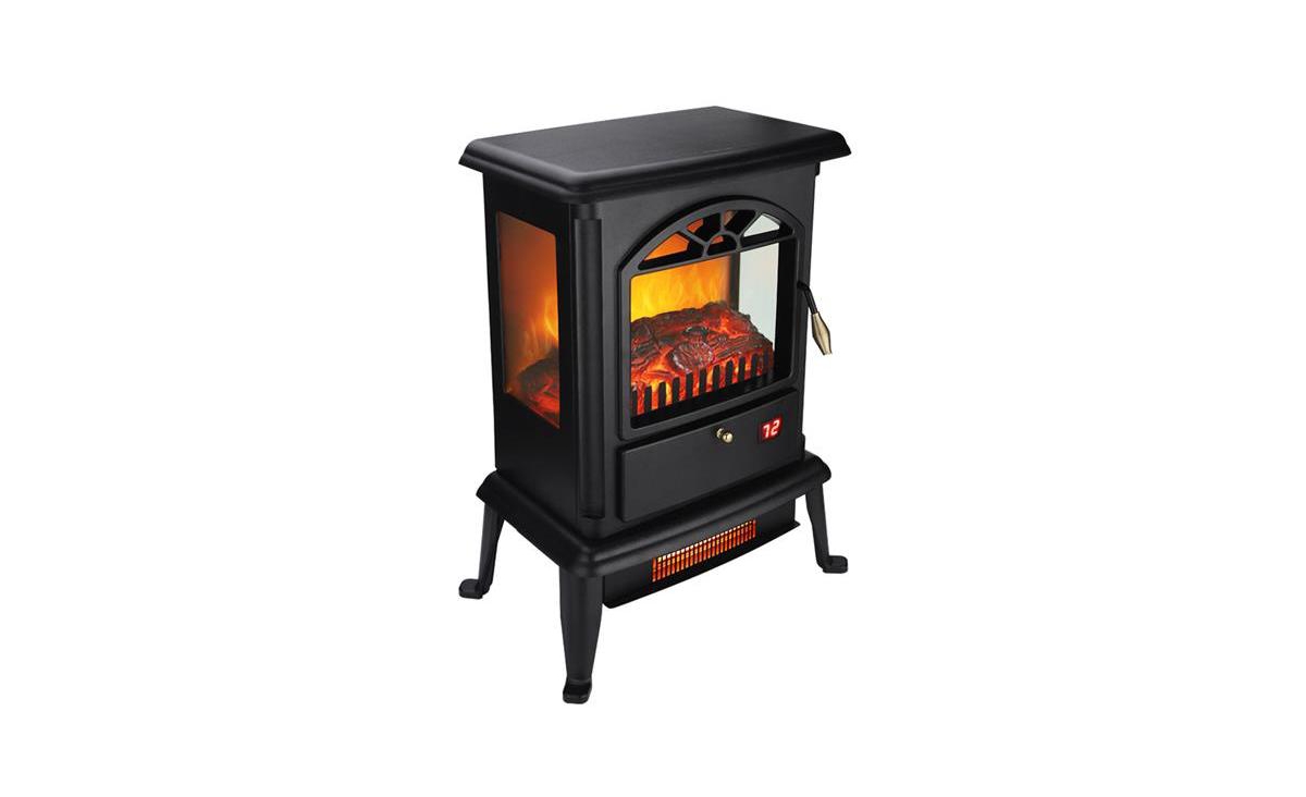 Slickblue 1500W Freestanding Electric Fireplace, 3D Flame with Remote Control, Glass Doors, 3 Quartz Tubes,- Black
