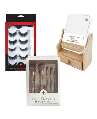 Glamour Essentials Bundle: Studio Makeup Brush Set, False Eyelashes Extensions (3 pairs per pack) and Dual-Sided Vanity Mirror