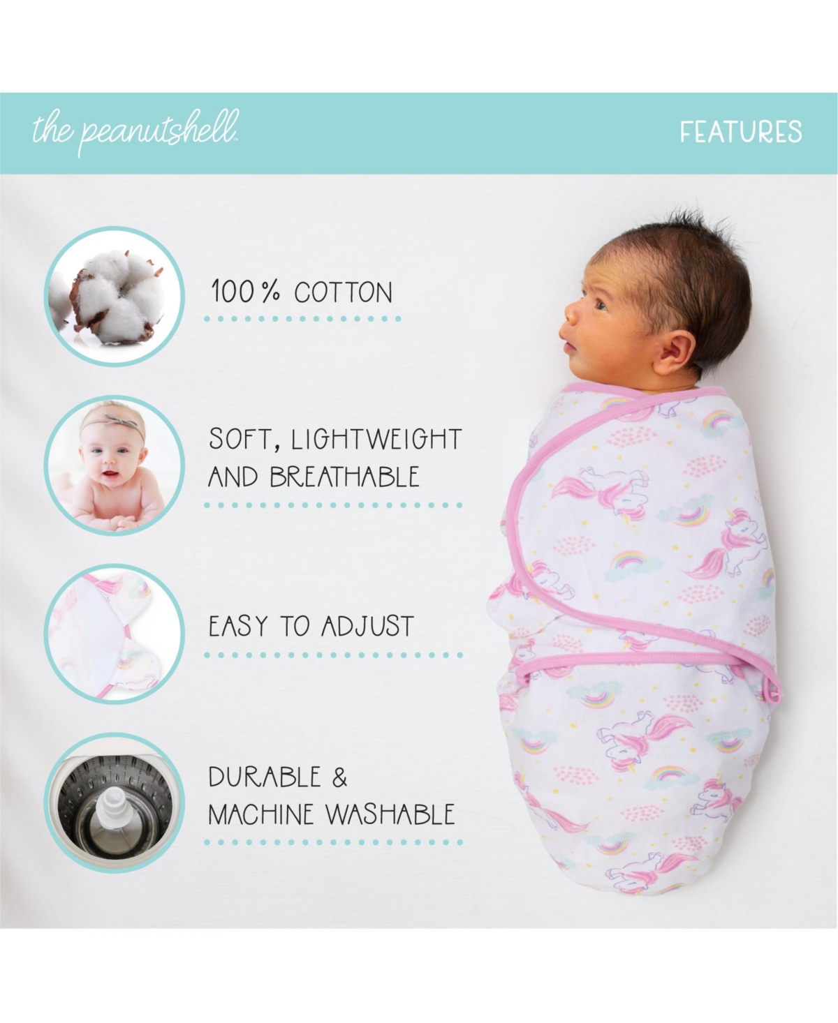 The Peanutshell Newborn Swaddles for Baby Girls, 3 Pack Set, Rainbow Unicorn - Assorted Pre-pack