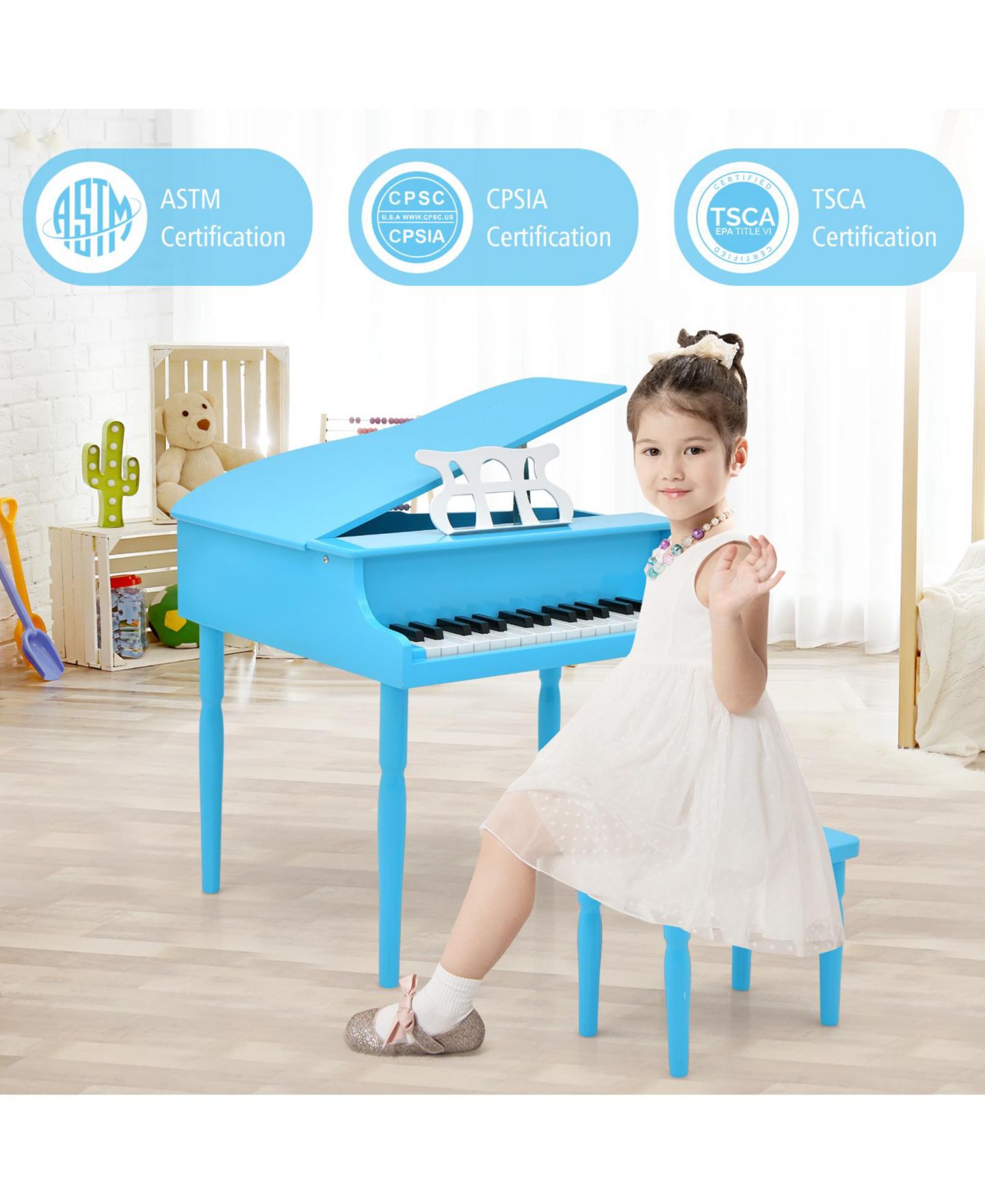 Детские игрушки HONGGE 30-Key Wooden Grand Piano with Bench and Music Rack, 3-Piece Set, Ages 3+ — фото 4