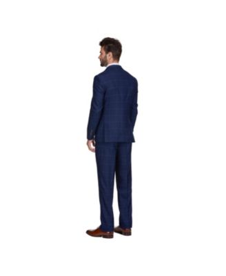 Men's Slim Fit 3-Piece Blue Windowpane Plaid Suit