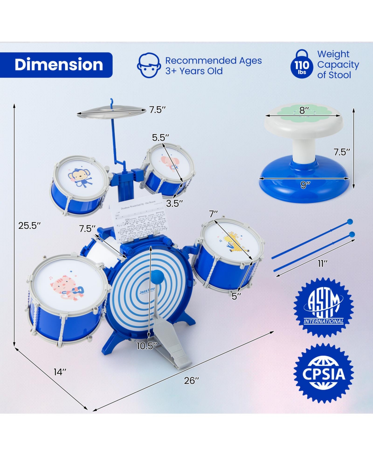 Hongge Kids Drum Set Educational Percussion Musical Instrument Toy with Bass Drum