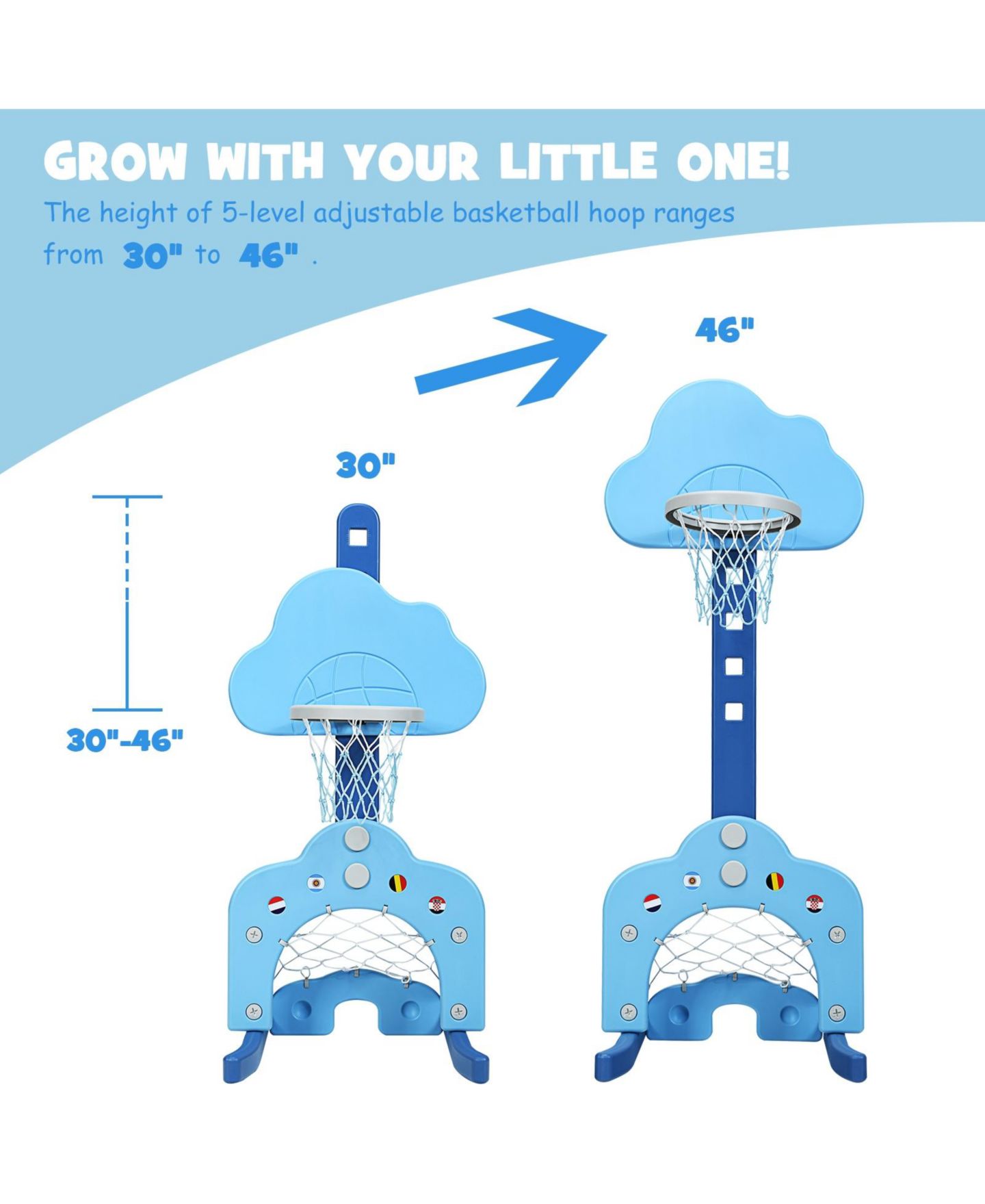 Детские игрушки HONGGE 3-in-1 Height-Adjustable Kids Basketball Hoop Set, Ages 1.5-8 — фото 4