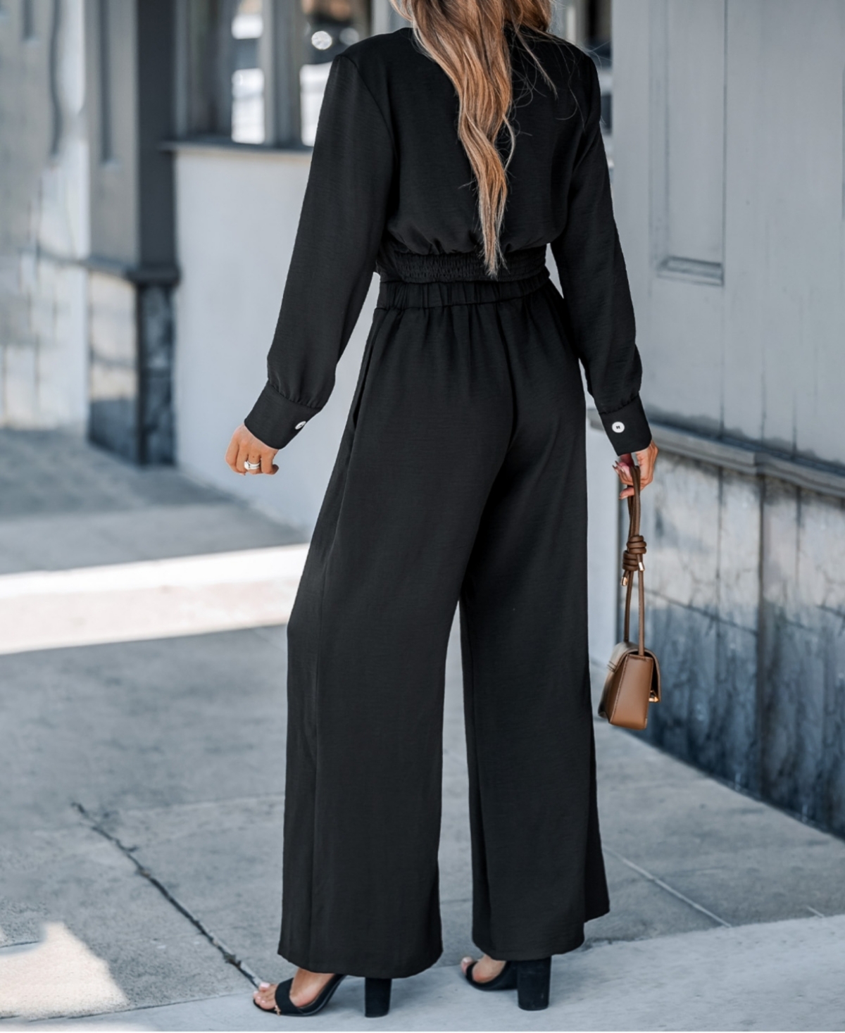 Cupshe Women'sLong Sleeve Top & Wide Leg Pants Set - Black
