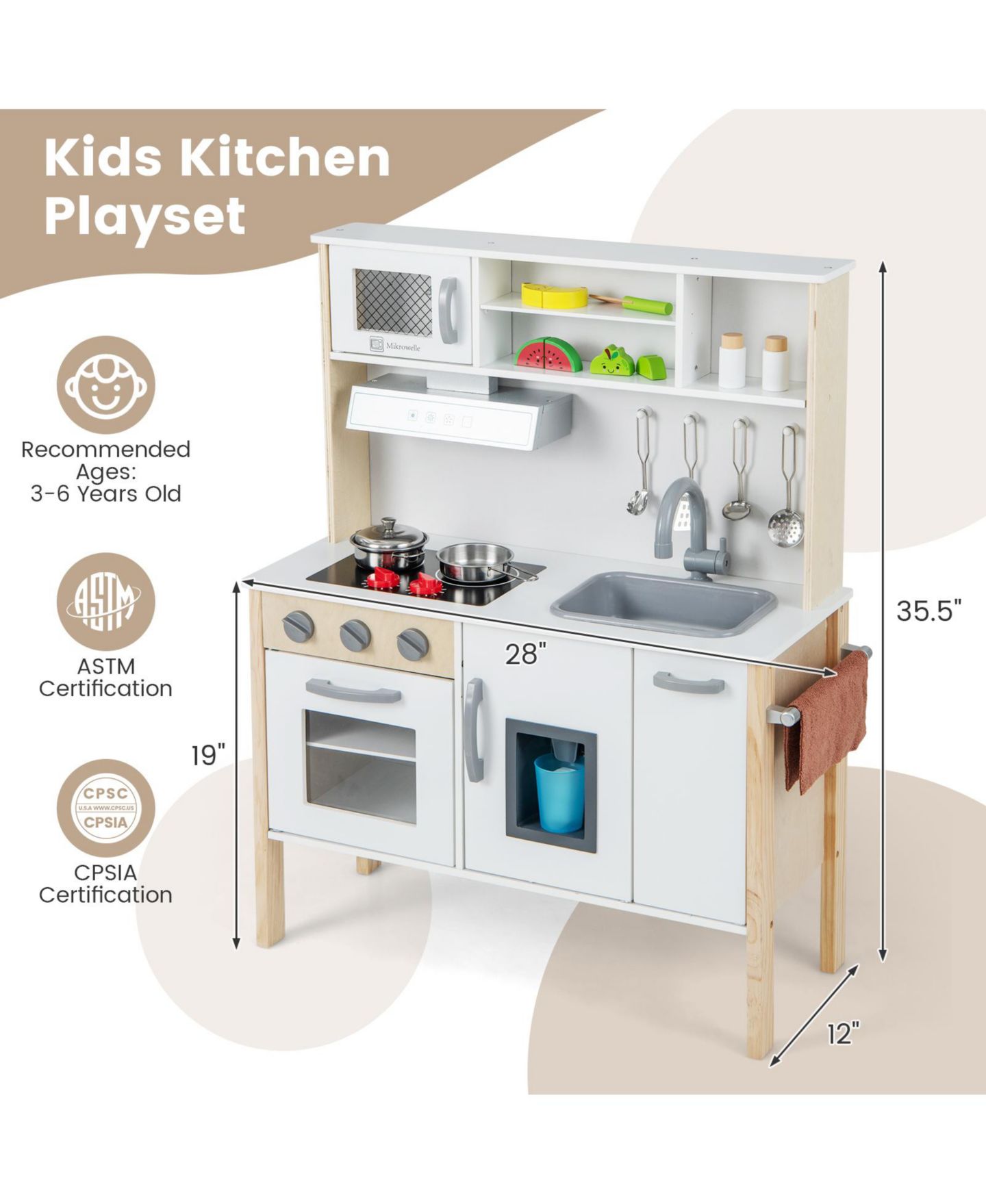 Детские игрушки HONGGE Wooden 18-Piece Play Kitchen Set, Ages 3+, цвет: Белый — фото 5