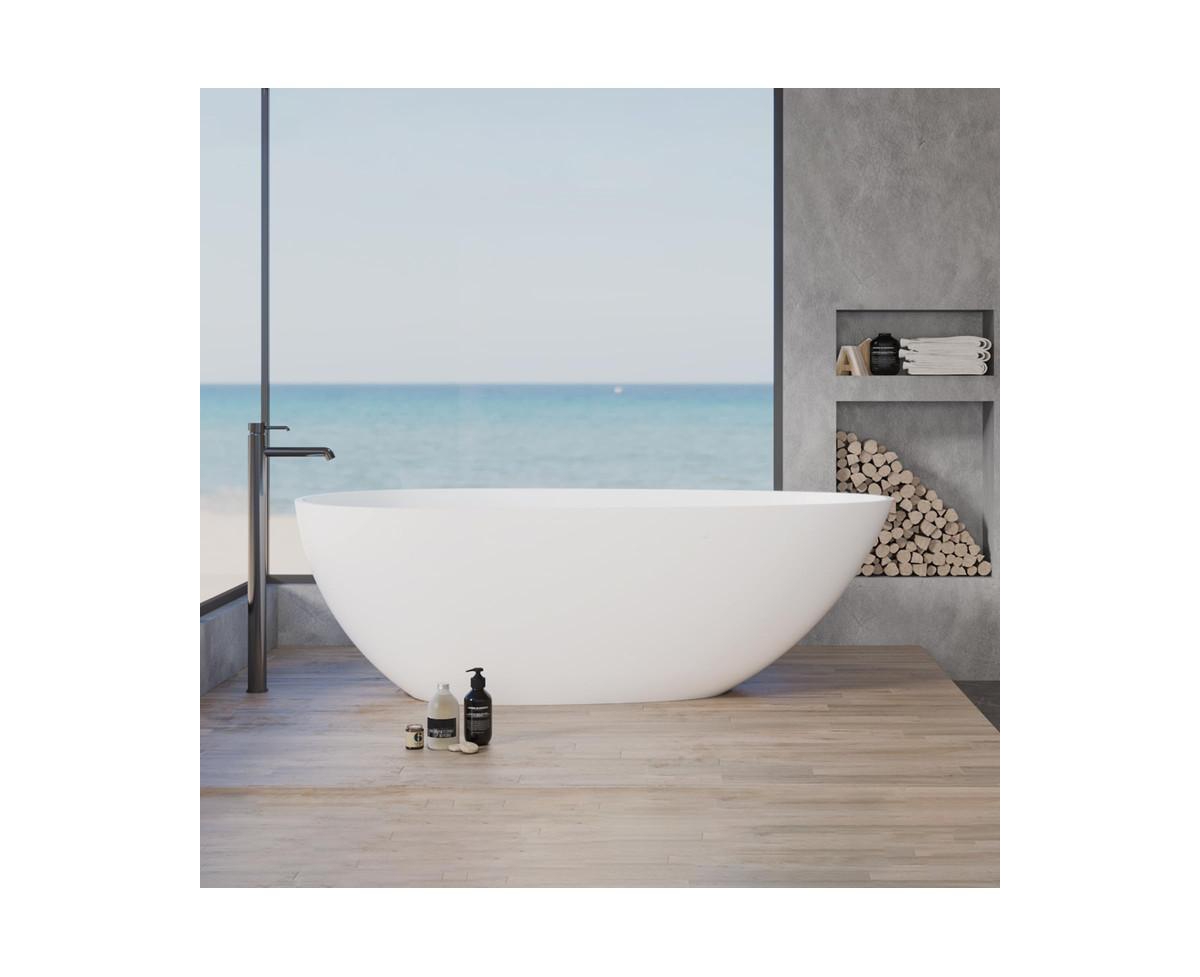 67"Solid Surface Freestanding Bathtub, Contemporary Oval Shape Soaking Tub, Egg Shell Stone Resin Stand Alone Bathtub With Pop-Up Drain and Ove