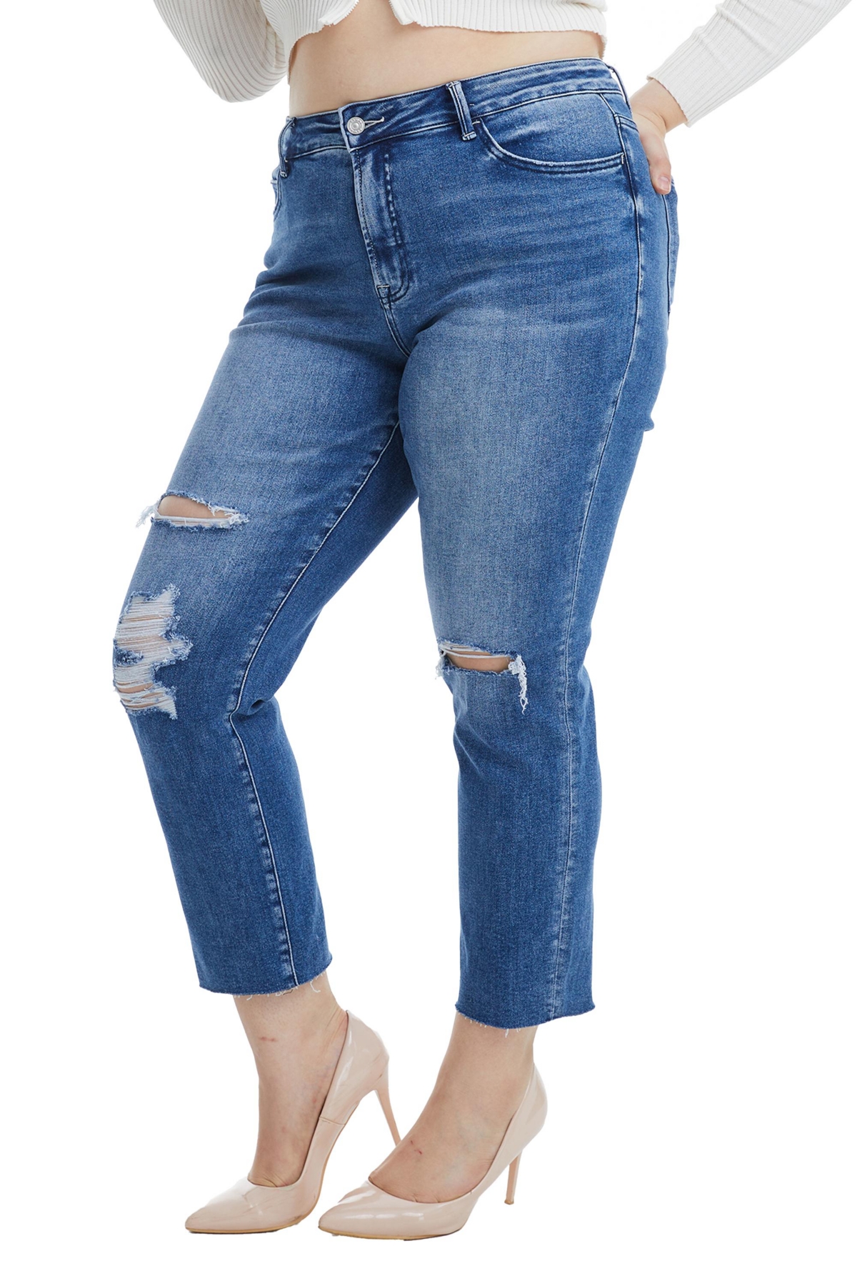 BAYEAS PLUS SIZE HIGH RISE SLIM STRAIGHT JEANS WITH RAW HEM 