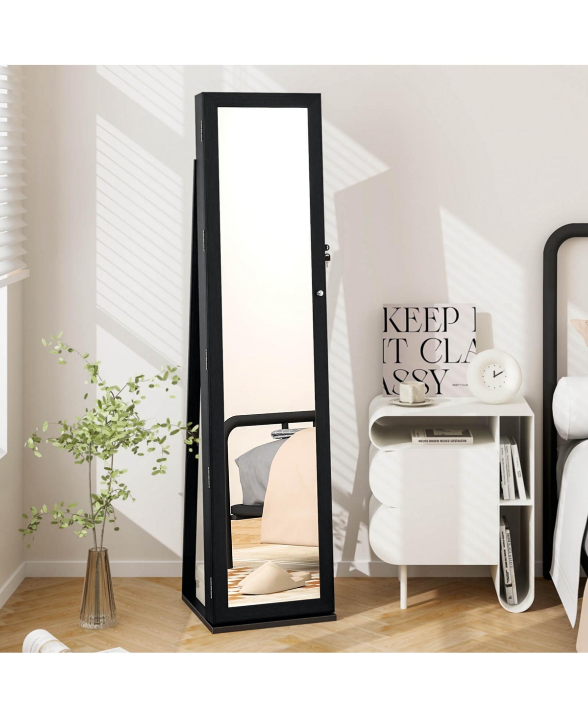 Costway Mirrored Jewelry Cabinet Armoire Lockable Standing Storage Organizer with Shelf