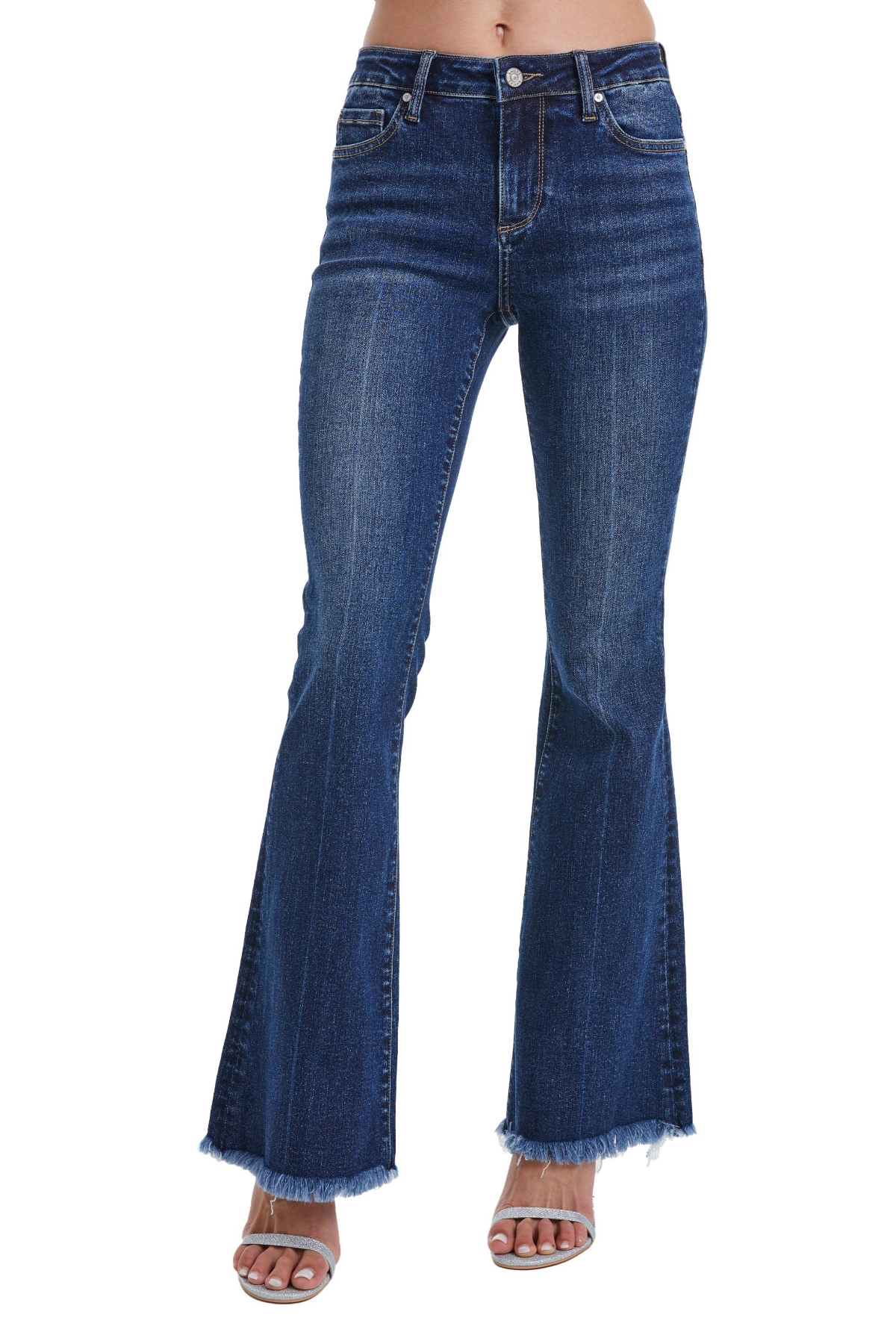 BAYEAS WOMEN'S HIGH RISE FLARE JEANS WITH FRAYED HEM 