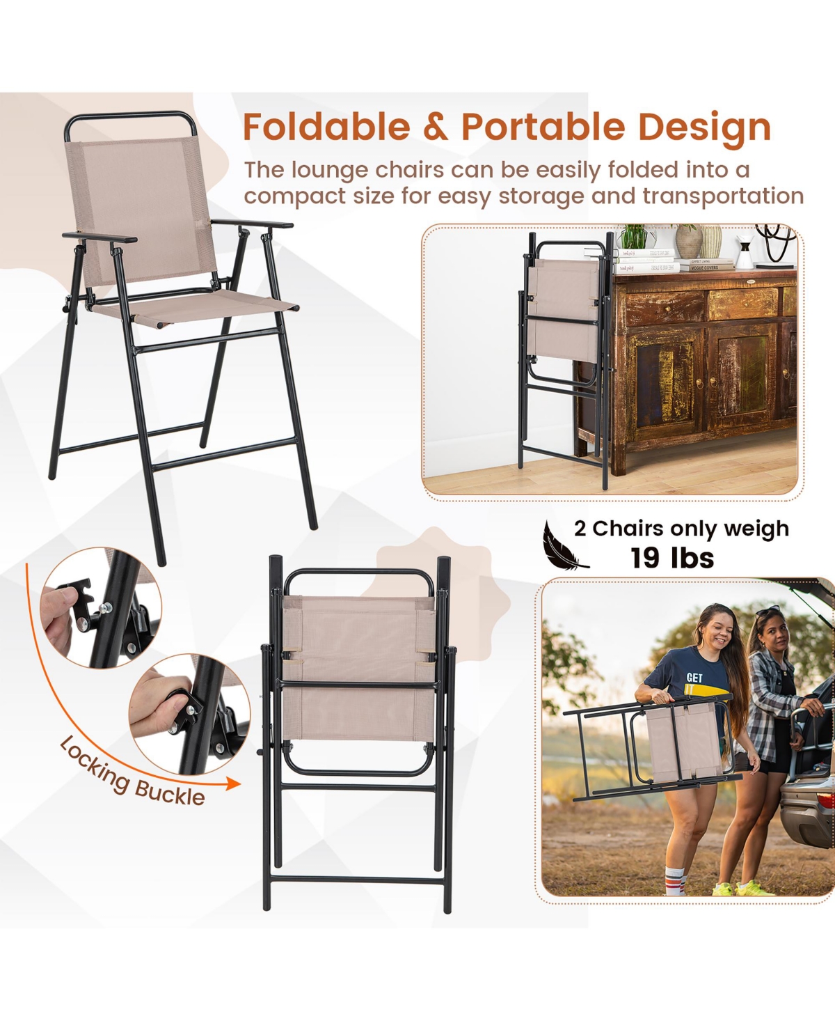 Gymax Outdoor Folding Bar Chair Set of 2 Patio Dining Chairs w/ Breathable Fabric - beige+black