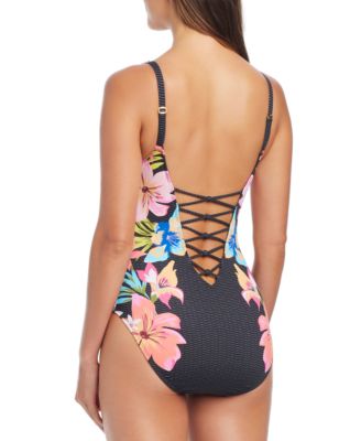 Women's Sweet Escape Floral-Print Lace-Down One-Piece Swimsuit