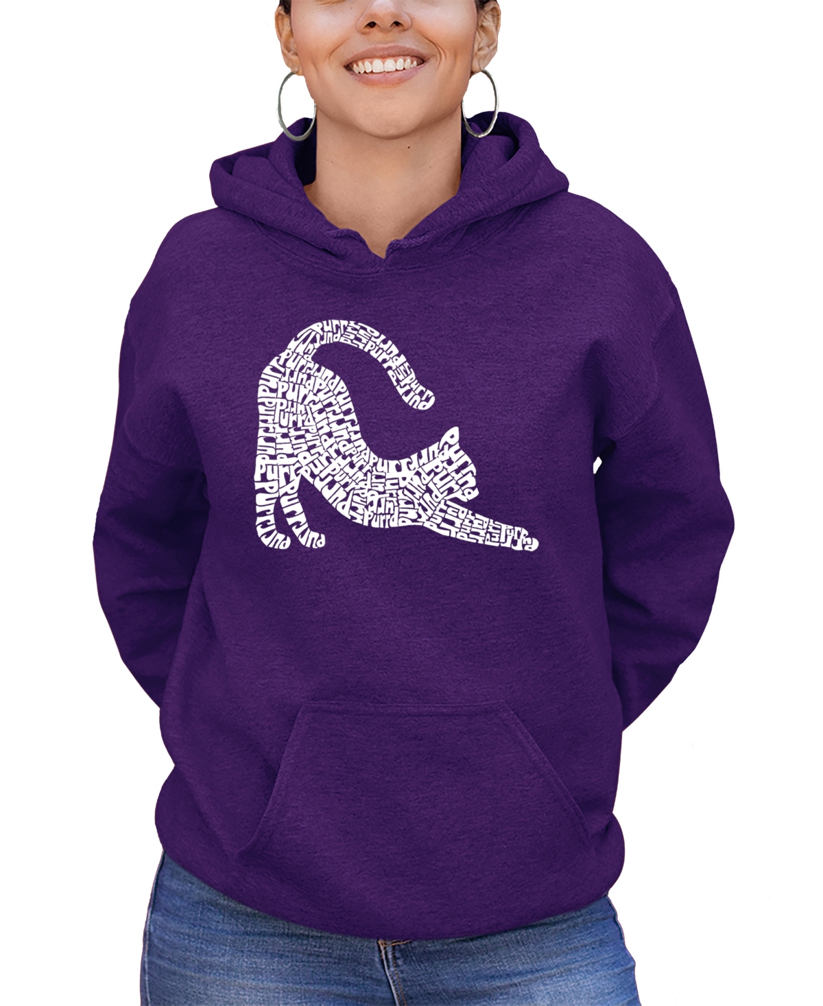 LA POP ART WOMEN'S STRETCHING CAT WORD ART HOODED SWEATSHIRT 