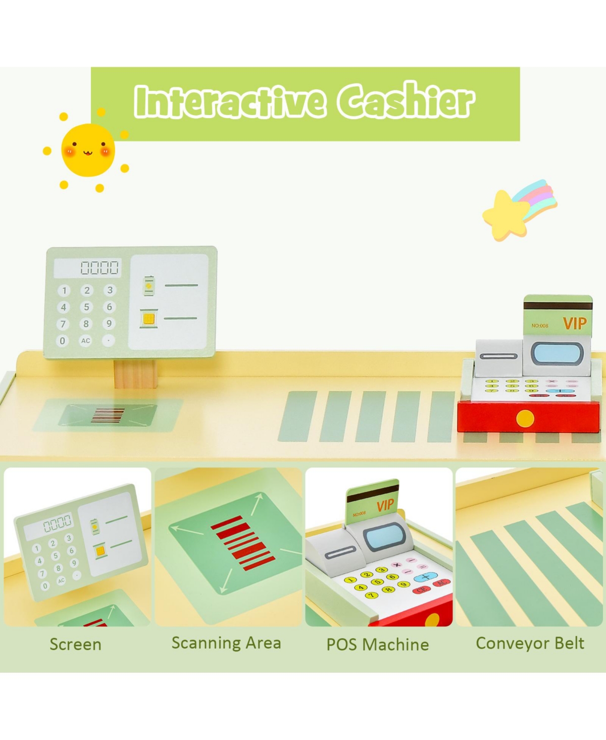 Hongge Kids Wooden Supermarket Play Toy Set with Checkout Counter- Green