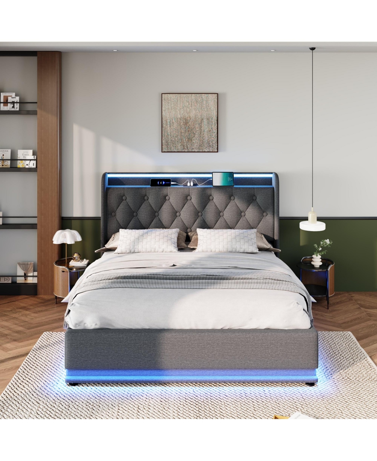 Streamdale Furniture Modern Upholstered Bed with 360 Led, Storage, and Usb-c Charging