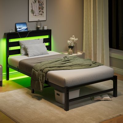 Heavy-Duty Platform Bed Frame with Headboard & LED