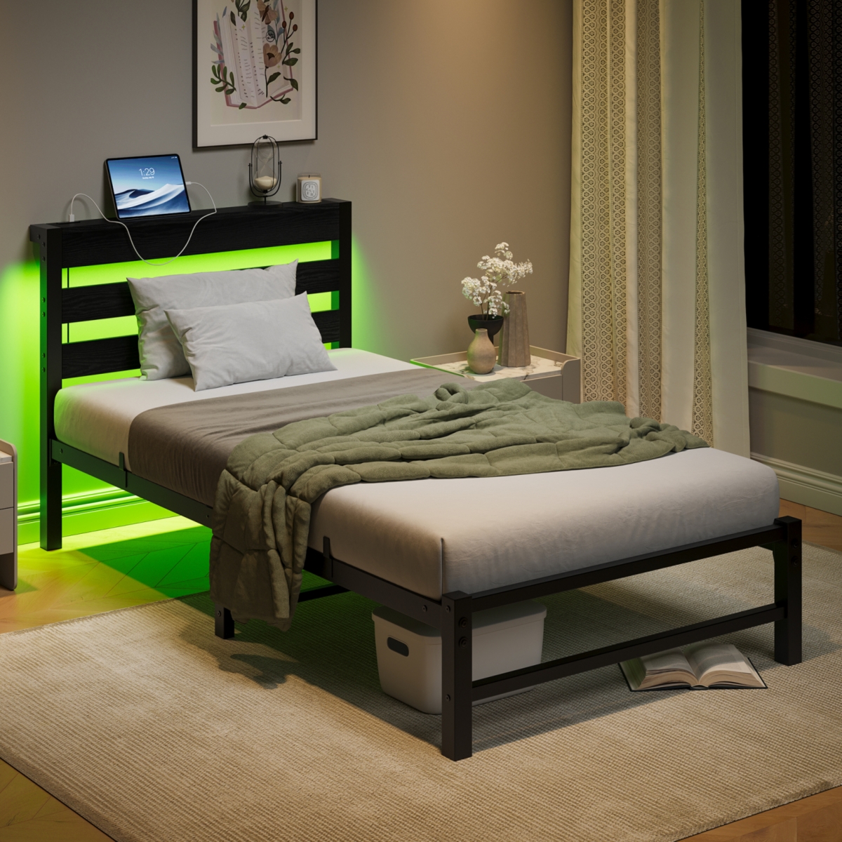 Streamdale Furniture Heavy-Duty Platform Bed Frame with Headboard & Led