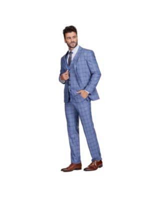 Men's Slim Fit 3-Piece Light Blue Checked Plaid Suit