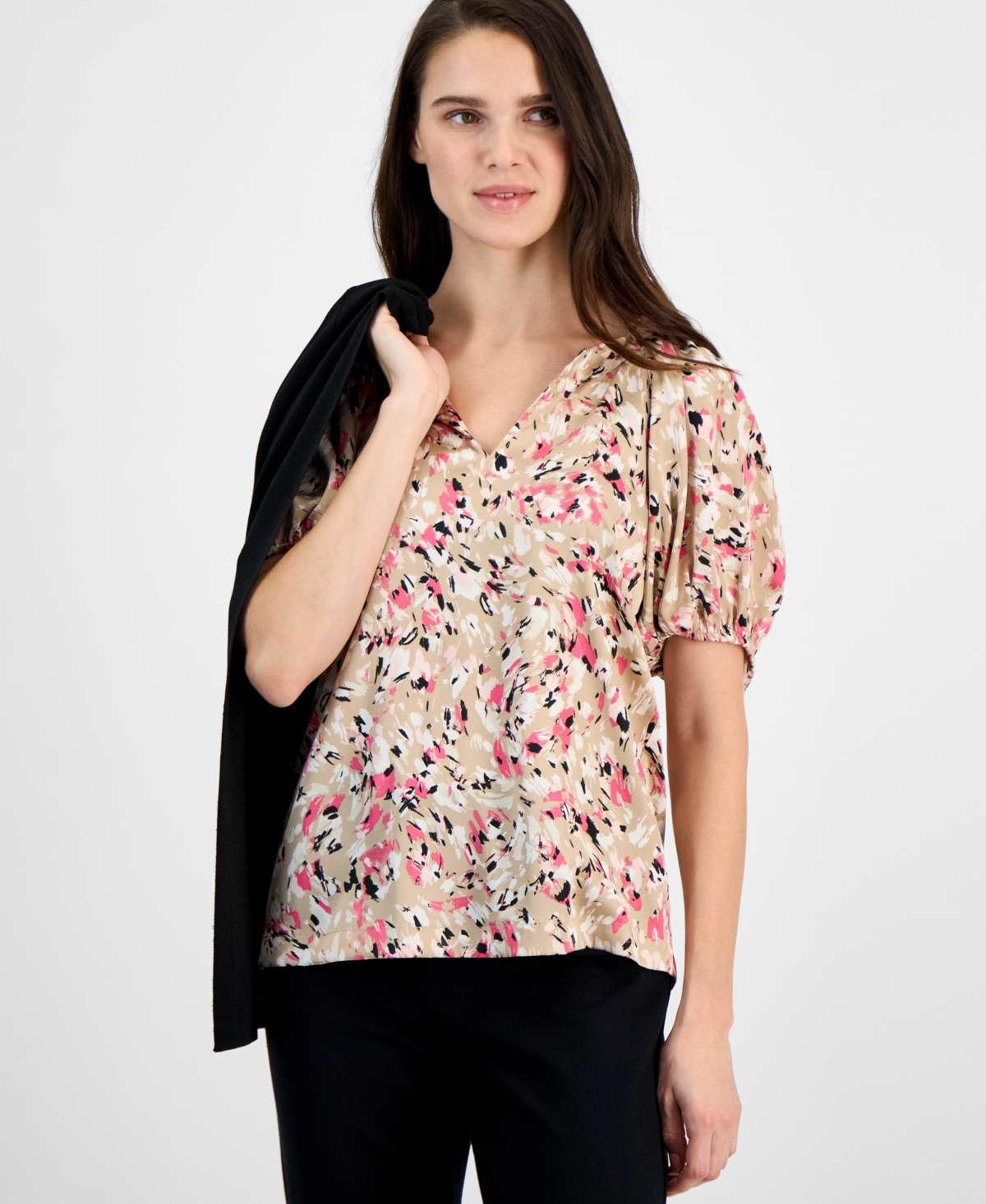 Anne Klein Abstract Print Puff Sleeve Top In Latte Multi