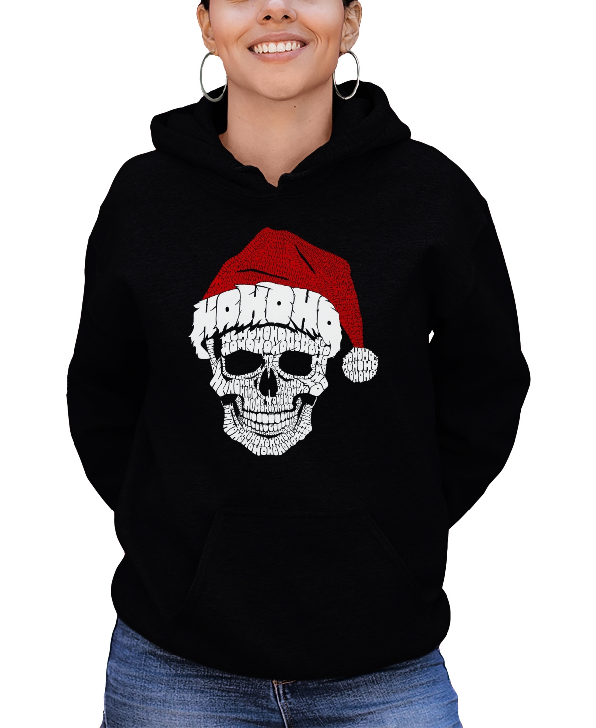 LA POP ART WOMEN'S SANTA SKULL WORD ART HOODED SWEATSHIRT 