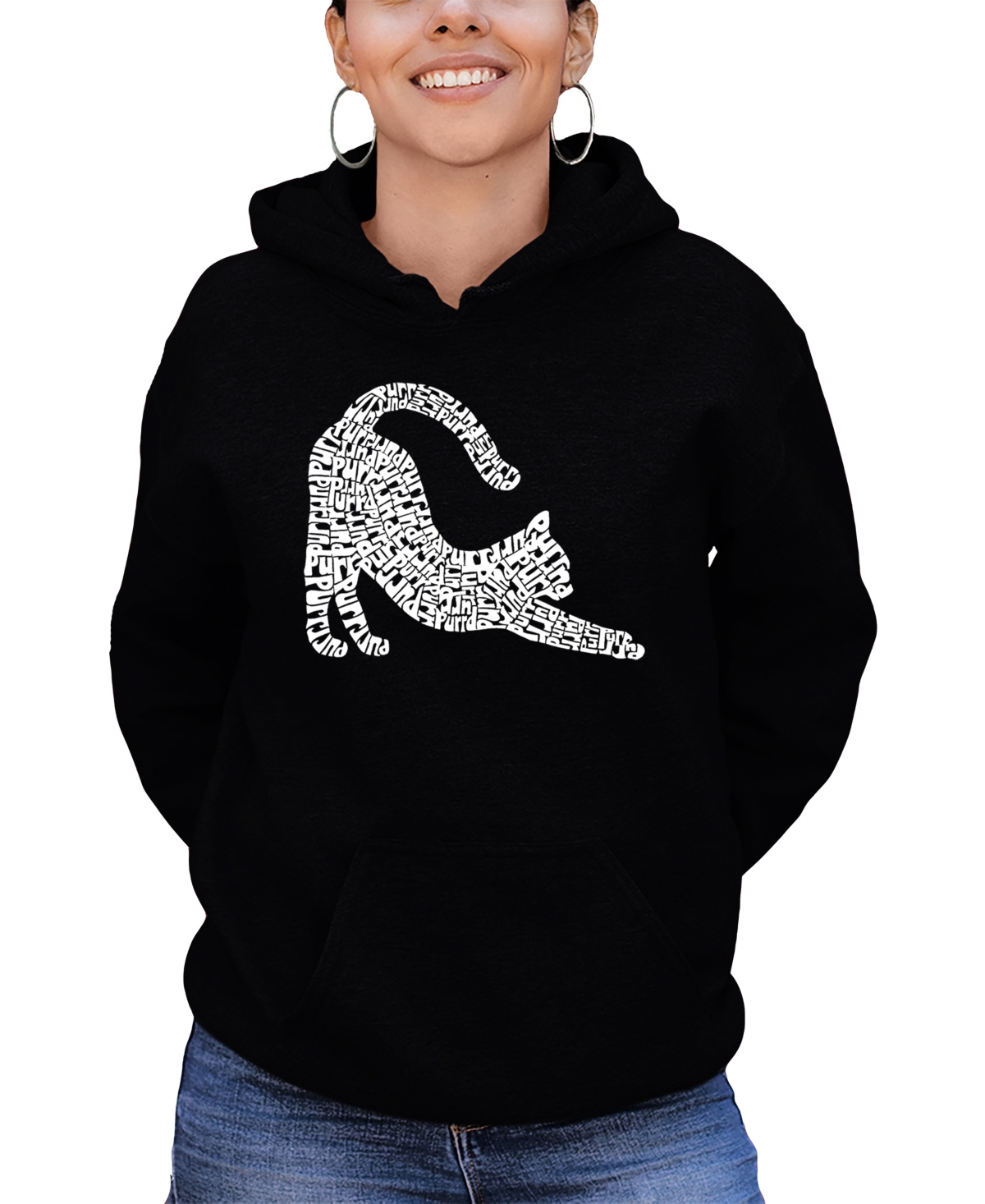 LA POP ART WOMEN'S STRETCHING CAT WORD ART HOODED SWEATSHIRT 