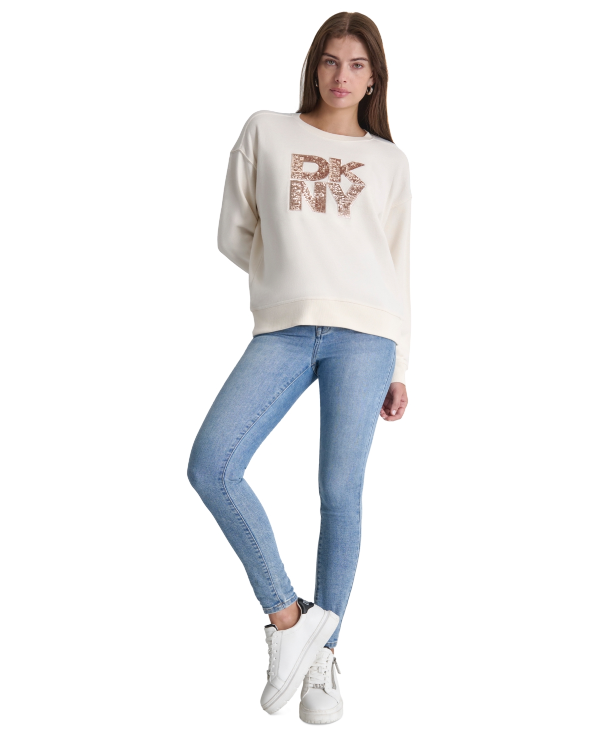 Dkny Jeans Women's Sequin Applique Satin Stitch Stack Logo Cotton Sweatshirt -light Gold