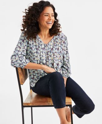 Women's Printed Lurex Pintuck Button-Front Blouse, Exclusively at Macy's
